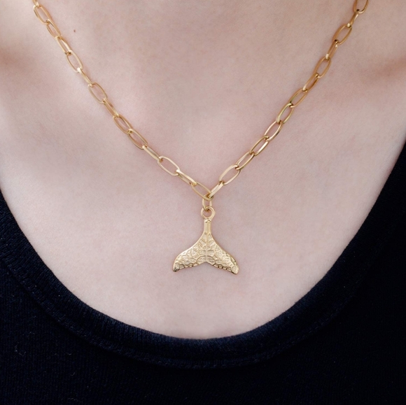 Gold Mermaid Tail Necklace on Paperclip Chain - Picture 2 of 8